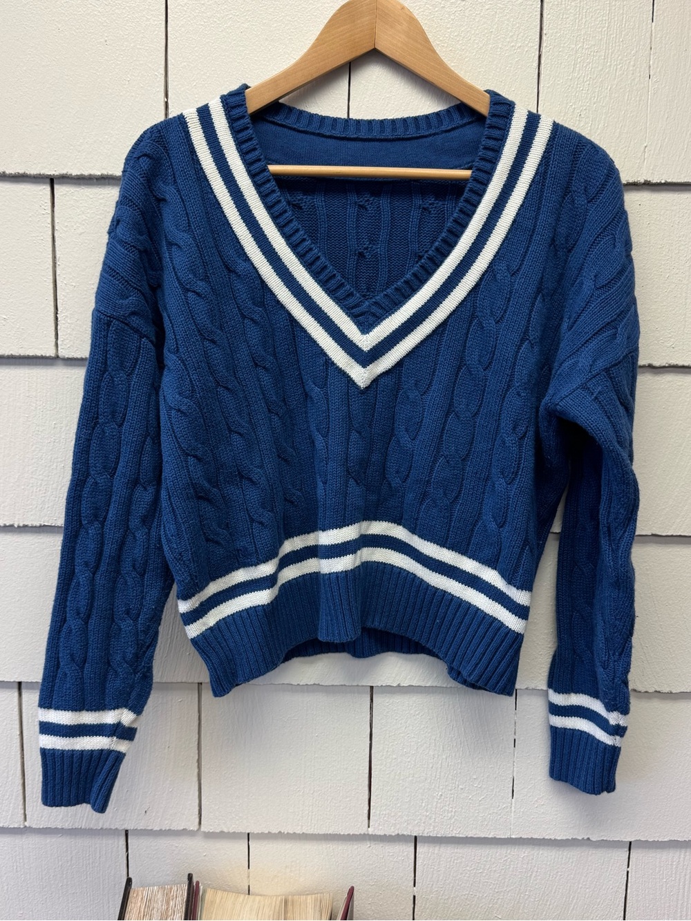Ralph Lauren Cricket Cashmere Sweater Cable Knit Blue stripe V Neck Size S M L